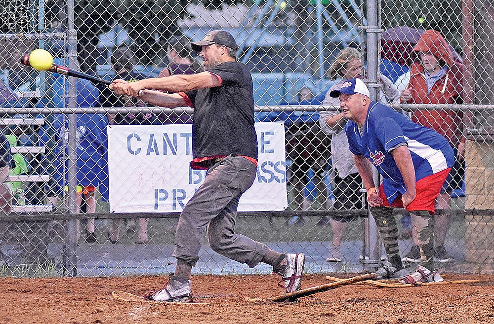 Chad Johnson of Wickman Construction singles to left in the first inning of a rain-shortened game vs. the Snowhawks Monday, July 10 at Snowshoe Park in Lake Tomahawk. (Brett LaBore/Lakeland Times)