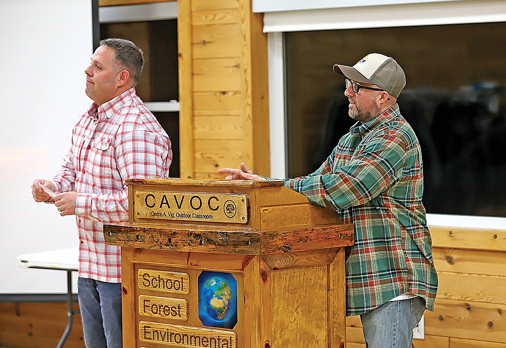 In this Nov. 30, 2022 file photo, John Weigel, right, speaks while Nathan Bates, left, looks on during the Rhinelander High School boys’ soccer team banquet at the Cedric A. Vig Outdoor Classroom. Weigel, who served as an assistant under Bates, has been promoted to lead the RHS boys’ soccer team this fall after Bates stepped down following last fall’s run to the WIAA Division 3 state tournament. (Bob Mainhardt for the River News)