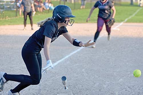 In this May 16, 2023 file photo, Ali Timmerman lays down a bunt in an extra-inning win vs. Antigo at Lenz Field in Minocqua. Timmerman led the Thunderbirds with four sacrifices/sacrifice flies. (Photo by Brett LaBore/Lakeland Times)