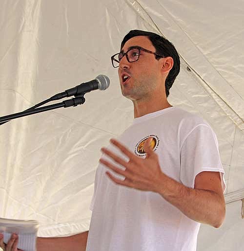 New York City-based comedian and screenwriter Sean Conrad talks about the Million Penny Parade movie he wrote while giving the keynote address at the 70th Anniversary Million Penny Parade celebration on Saturday, July 15, in Woodruff. (Photo by Trevor Greene/Lakeland Times)