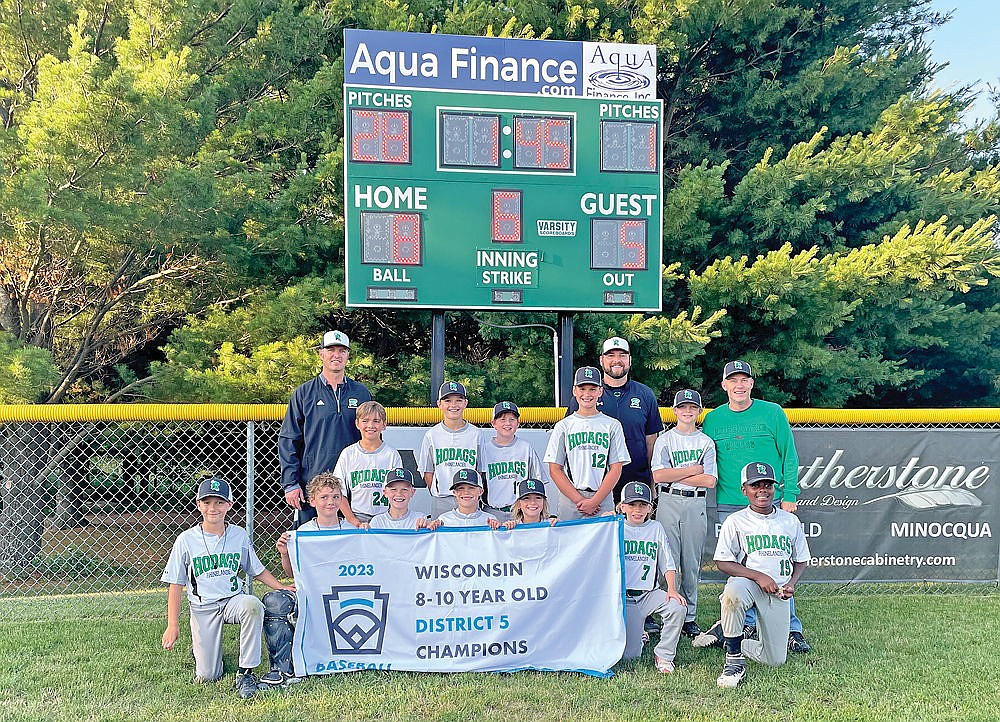 The Rhinelander 10U Little League All-Star team captured the District 5 title Thursday, July 20 in Rib Mountain, defeating Wausau American, 8-5 in the championship game. Pictured in the front row, from left to right, are William Sundby, Blake Sundby, Jeter Vander Gailen, Rylan Pasanen, Cooper Clark, Mason Paulson and Jaxon Eades. In the back row are manager Dan Bauer, Griffin Rady, Eli Bauer, Nick Schneider, Easton Sieker, coach Josh Clark, Easton Ostrom and coach Jeremy Vander Gailen. (Jeremy Mayo/River News)