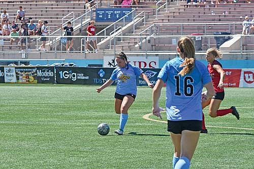 Alyson Lazaroff makes a pass to a teammate in the second half of Team Blue’s game vs. Team Red during the WSCA Masonic High School Girls’ All-Star Soccer Game Saturday, July 29 at Breese Stevens Field in Madison. Lazaroff got the start for Team Blue on defense. (Photo by Brett LaBore/Lakeland Times)