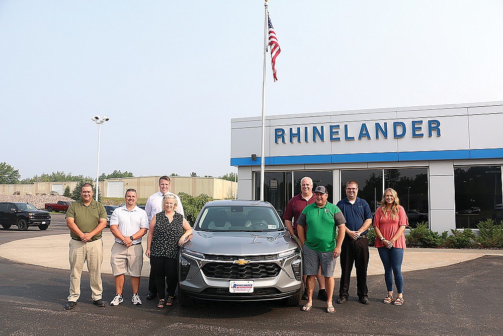 The Rhinelander Athletic Booster Club recently thanked title sponsors Rhinelander GM Auto Center/Wisconsin Chevy Dealers and Boyd Financial Services for the title sponsorship of the 42nd annual ABC golf scramble, which will be held Friday, Aug. 4 at Pinewood Country Club in Harshaw. In addition to its title sponsorship, Rhinelander GM will supply a new 2023 Chevy vehicle as a hole-in-one prize for the event. Pictured,from left to right, are Rhinelander GM owner Dan Towne, ABC board member Dave Mannikko, ABC board president Brandon Karaba, Rhinelander GM Marketing Coordinator Tarsie Goes, Mike Boyd of Boyd Financial Services, ABC board member Brett Aylesworth, Rhinelander GM general sales manager Tim Nordby and Rhinelander GM Digital Marketing specialist Miranda Gavrilescu. (Jeremy Mayo/River News)