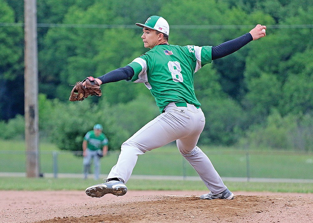 In this June 12, 2023 file photo Rhinelander’s Max Ratty pitches during the third inning of an American Legion baseball game against Wittenberg-Birnamwood in Wittenberg Monday. Ratty pitched a pair of shutouts for Rhinelander this summer, going 4-2 with a 1.36 ERA over 36 innings. (Jeremy Mayo/River News)