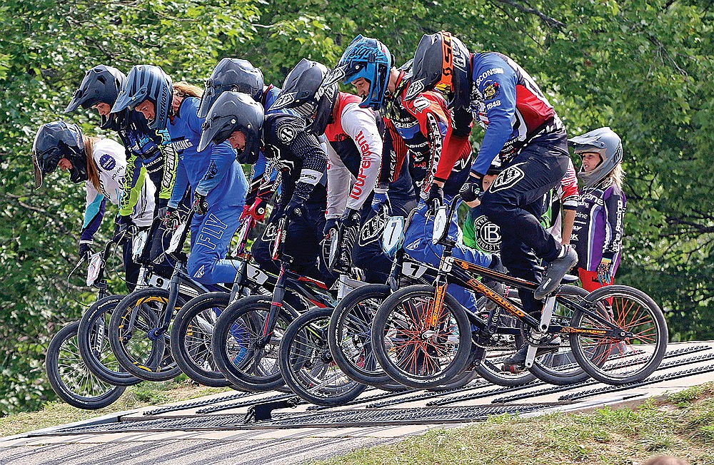 Qualifiers for the A-Main of the Pro-Am Open take off from the starting gate during the Hodag BMX Club’s Gold Cup Qualifier race in Rhinelander Saturday, Aug. 5. Participating riders were, from left to right, Mya Poters (1), James Conklin (9), Nathan Hathcock (13), Lucas Basal (2), Devin Nelson, Nathan Davids (18), Joshua Johnson (7) and Jared Bohringer (6). (Jeremy Mayo/River News)