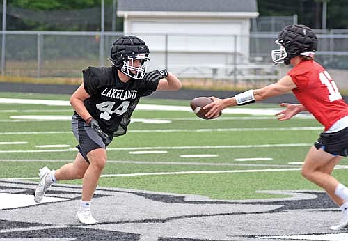 Michael Schettino (44) will be one of three Lakeland backs who will get carries this season along with Noah Bruckner and Leonard Chosa. Kort Meyer makes his first start tonight at quarterback. (Photo by Brett LaBore/Lakeland Times)