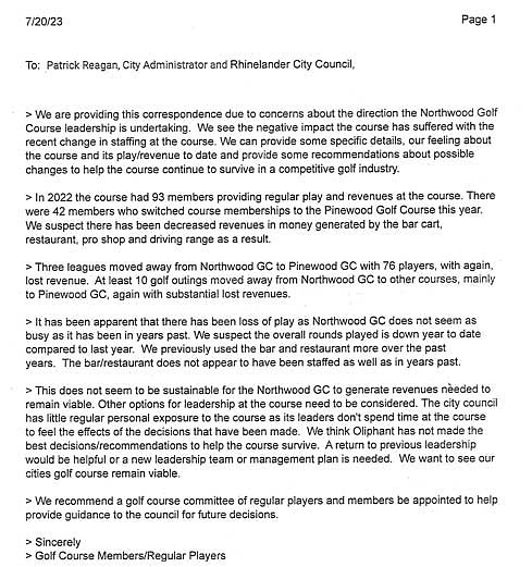 The City of Rhinelander is moving ahead with the creation of a golf advisory committee after a number of members and regular players submitted a “letter of concern” (pictured above) to city administrator Patrick Reagan regarding the direction of the city-owned Northwood Golf Club. (Submitted document)