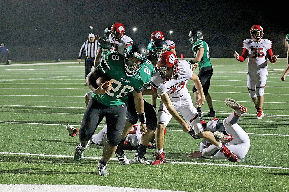 In this Sept. 13, 2019 file photo, Rhinelander’s Drake Martin scores a touchdown during the third quarter of a non-conference football game against Wausau East at Mike Webster Stadium. The Hodags and Lumberjacks meet tonight in Rhinelander in the first varsity matchup between the teams since that contest. (Bob Mainhardt for the River News)