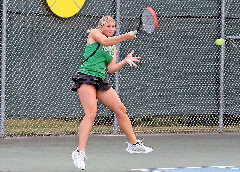 Rhinelander’s Kayla Tessmann hits a return during a GNC girls’ tennis match against Pacelli at the RHS tennis courts Tuesday, Aug. 29. Tessmann and No. 1 doubles partner Karmen Lopez won in three sets over Pacelli’s Julie Milbauer and Anabelle Arnold. (Bob Mainhardt for the River News)