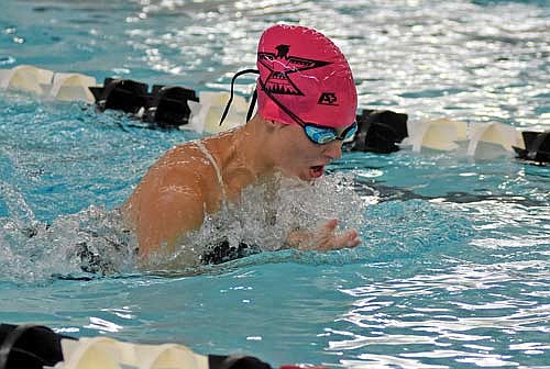 Molly Jorgensen swims the breaststroke of the 200 medley relay in her season debut vs. Colby/Abbotsford Thursday, Aug. 31 at the Lakeland Union High School pool in Minocqua. The Thunderbirds won the relay in 2:11.95, their first relay win in two years. (Photo by Brett LaBore/Lakeland Times)