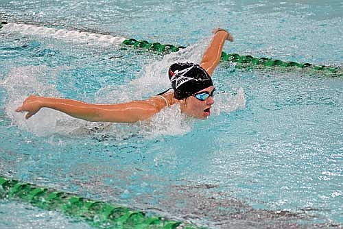 Molly Jorgensen swims the butterfly stroke of the 400 medley relay during the Hodag Relays Saturday, Sept. 9 at Heck Family Community Pool in Rhinelander. The Thunderbirds took second in the relay with a time of 5:06.55. (Photo by Brett LaBore/Lakeland Times)