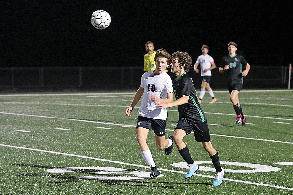 Rhinelander’s Mason Eyer battles Lakeland’s Brett Peterson for possession during the second half of a GNC boys’ soccer game at Mike Webster Stadium Thursday, Sept. 7. Eyer scored the only goal Thursday as the Hodags defeated the T-Birds 1-0. (Bob Mainhardt for the River News)