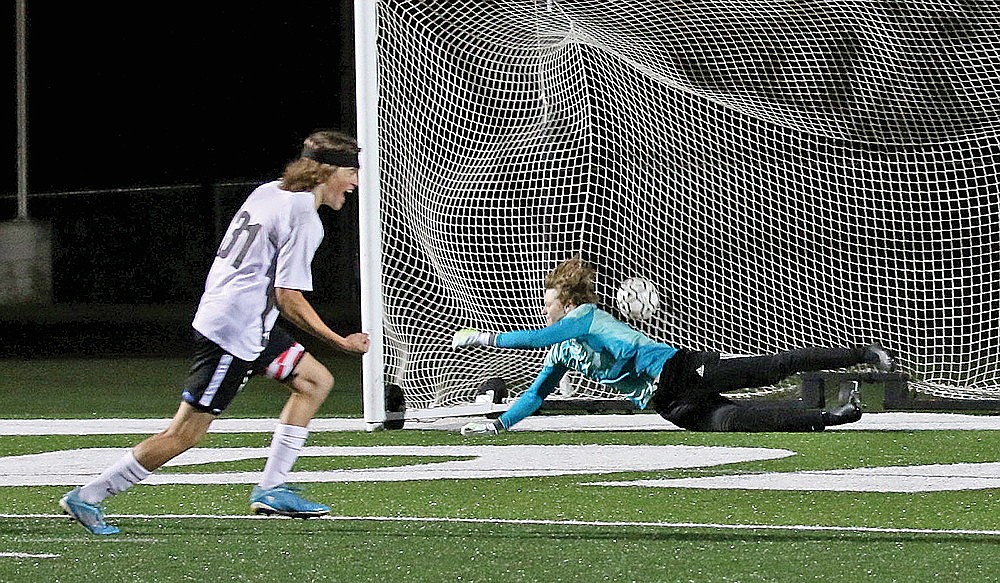 Rhinelander goalkeeper Barak Rappley is unable to stop a penalty kick chance by Mosinee’s Tucker Kowalski during a GNC boys’ soccer game at Mike Webster Stadium Tuesday, Sept. 12. Kowalski’s kick was the decided as Mosinee took a shootout, 5-4, after the teams played to a 1-1 draw in regulation. (Bob Mainhardt for the River News)