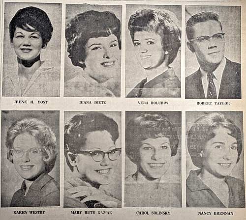 Lakeland High School students who represented the top 10 percent of the 1963 class were pictured in the May 30, 1963, edition of The Lakeland Times. They are, top row from left, Irene H. Yost, Diana Dietz, Vera Holubiw and Robert Taylor; bottom row from left, are Karen Westby, Mary Ruth Kaziak, Carol Solinsky and Nancy Brennan. (Contributed image)