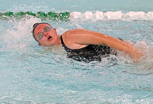 Greta Pritchard dropped time in both the 50 freestyle and 100 backstroke while also swimming in the 200 medley relay Thursday, Sept. 14 at Heck Family Community Pool in Rhinelander. (Photo by Bob Mainhardt/River News)