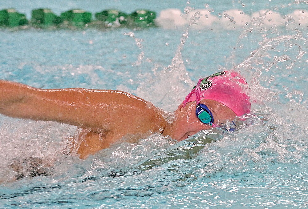 Rhinelander’s Abi Winnicki competes in the 100-yard freestyle during a GNC dual meet against Lakeland at the Heck Family Community Pool Thursday, Sept. 14. Winnicki eclipsed the pool record in the event by 0.01 seconds, finishing in 53.03 and then won both the 100 and 200 freestyle Saturday at the Blackshirt Invite in Waukesha. (Bob Mainhardt for the River News)