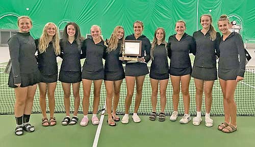 The Lakeland Thunderbirds are all smiles after their conference championship at the GNC Tournament Thursday, Sept. 21 at the Hodag Dome in Rhinelander. It is Lakeland’s first solo conference title in GNC history. Players, from left, are Ellie Baker, Lila Biller, Elise Lamers, Ali Timmerman, Savannah Barton, Charley Cleveland, Norah Strasburg, Sarah Barton, Kristina Ouimette and Alyssa Erickson. (Photo by Brett LaBore/Lakeland Times)