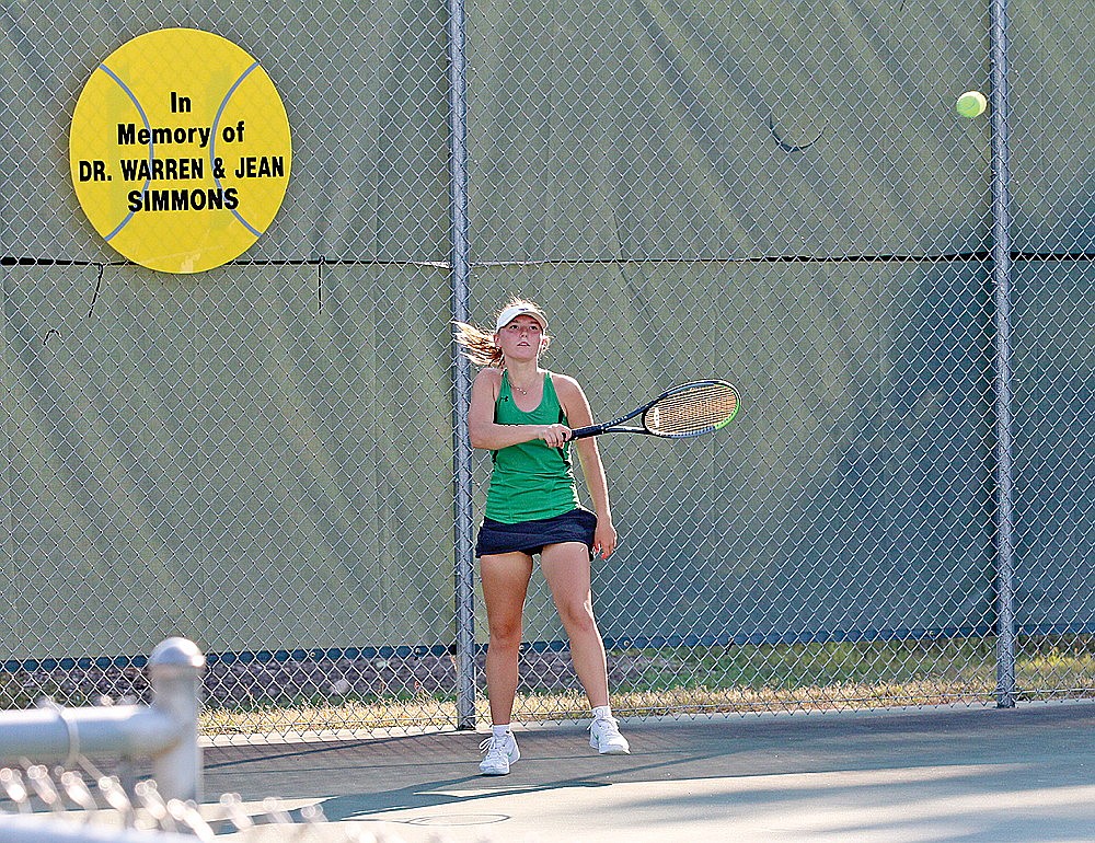 Rhinelander’s Tori Riopel hits a return during a semifinal match at No. 1 singles against Lakeland’s Sarah Barton during the GNC girls’ tennis tournament at the RHS tennis courts Thursday, Sept. 21. Riopel was the runner-up at No. 1 singles as the Hodags finished third on the day. (Bob Mainhardt for the River News)