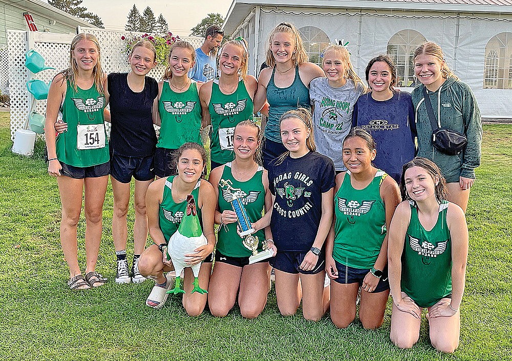 The Rhinelander High School girls’ cross country team poses with the first-place trophy after winning the Three Lakes Invite Thursday, Sept. 21. Pictured in the front row, from left to right, are Luna Grage, Sophie Miljevich, Leah Jamison, Maria Hubler and Cassie Burke. In the back row are Hayley Schiek, Lena Timphus, Kyleah Hartman, Ella Miljevich, Aubryn Clark, Kara Monk, Brynn Teter and Grace Cornelius. (Submitted photo)