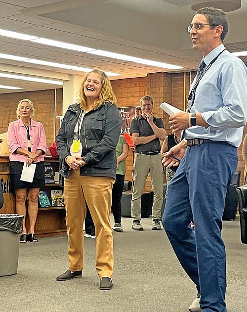 Lakeland Union High School’s first-year principal Levi Massey introduces the school’s new assistant principal Hope Cameron to the board of education during a meeting on Monday, Sept. 25, in Minocqua. Cameron said she’s been working in education for 12 years, coming to LUHS from the Wausau School District. (Photo by Trevor Greene/Lakeland Times)