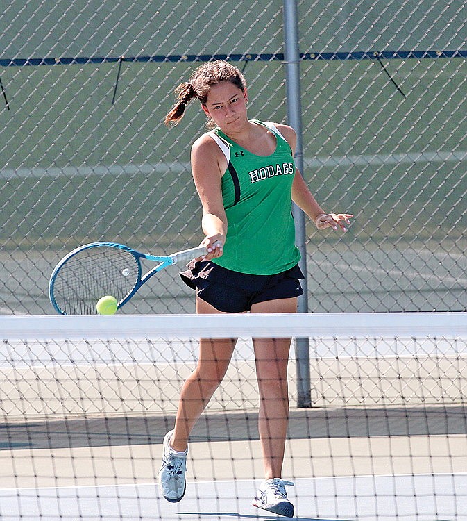 Rhinelander’s Karmen Lopez plays a point during the GNC girls’ tennis tournament in Rhinelander Thursday, Sept. 21. Lopez and No. 1 doubles partner Kayla Tessmann could potentially by a No. 5 seed for WIAA subsections on Monday after picking up wins during the regular season against three different teams in the subsectional. (Bob Mainhardt for the River News)
