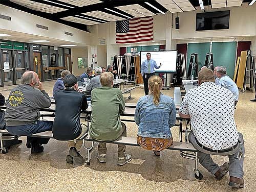 School District of Rhinelander Director of Curriculum Ryan Ourada addresses those attending an open house Wednesday evening, Sept, 27, 2023 at James Williams Middle School in Rhinelander. It was the first of two open houses planned as the district continues to consider a potential capital project referendum to fund renovations and additions to the tech ed facilities at the high school and middle school. (Photo by Heather Schaefer/River News)