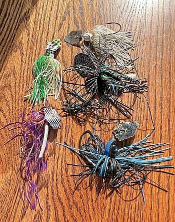 Bladed jigs come in different weights and blade sizes. All are meant to move a great deal of water to get a fish’s attention. There are many different styles of bladed jig trailers on the market today, too, from smaller, compact trailers to large swim baits that can be used to add bulk and attract even more attention from a fish. When fishing a bladed jig, anglers should look to keep the profile and color of the jig and trailer as close as possible to available forage in the lake in which they are fishing. (Photo by Beckie Gaskill/Lakeland Times)