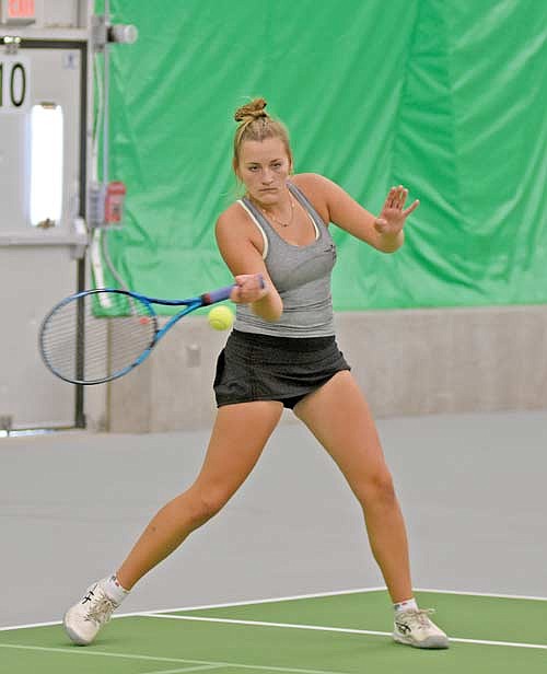 Sarah Barton hits a groundstroke for a point in her No. 1 singles match against Marshfield during a WIAA Division 1 subsectional meet Monday, Oct. 2 inside the Hodag Dome in Rhinelander. Barton won 6-1, 6-0. (Photo by Brett LaBore/Lakeland Times)