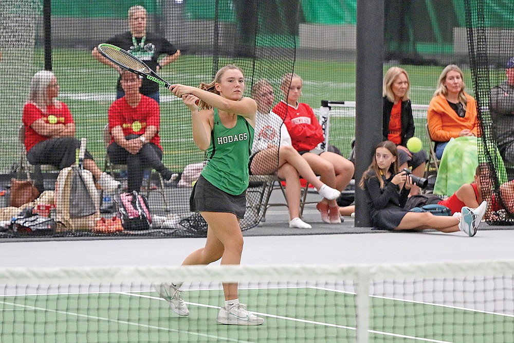 Rhinelander’s Tori Riopel hits a return during a match against Medford’s Marcy Raznik in a WIAA Division 1 subsectional in the Hodag Dome Monday, Oct. 2. Riopel won the match 6-1, 6-0 to advance to the sectional round of the WIAA tournament. Riopel then won her first match at sectionals Wednesday morning to clinch a WIAA state tournament berth. (Jeremy Mayo/River News)