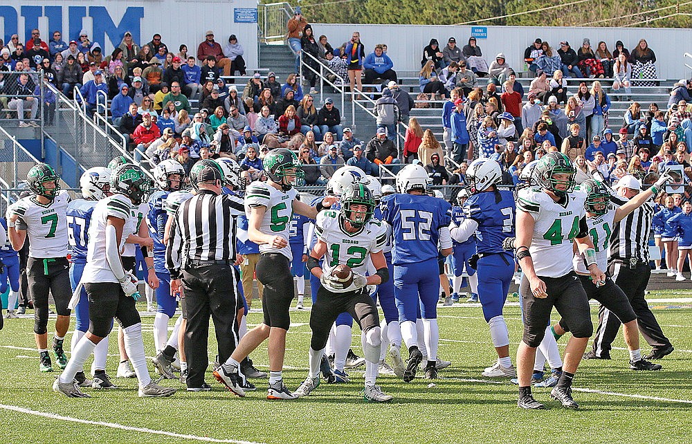 Rhinelander’s Truman Lamers reacts after recovering a fumble during the second half of a GNC football game at Merrill Saturday, Oct. 7. The Hodag defense forced four turnovers and defeated Merrill, 7-0, to become WIAA playoff eligible. (Bob Mainhardt for the River News)