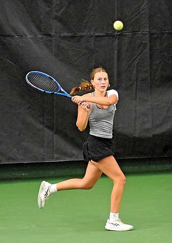 Savannah Barton hits a groundstroke in her No. 1 doubles match against Brookfield Central during the WIAA Division 1 girls’ tennis individual state tournament Thursday, Oct. 12 at Nielsen Stadium in Madison. (Photo by Brett LaBore/Lakeland Times)