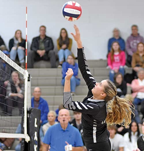 Stina Peterson attacks the ball during the first set of a WIAA Division 2 regional quarterfinal game against Northland Pines Tuesday, Oct. 17 at the Lakeland Union High School fieldhouse in Minocqua. (Photo by Brett LaBore/Lakeland Times)