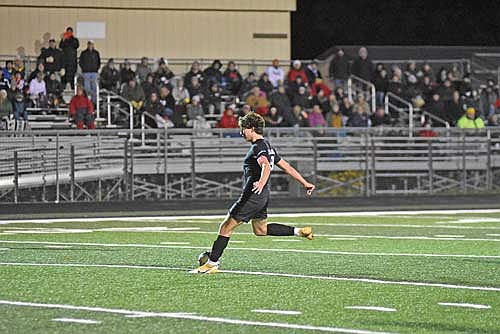 Yaroslav Myshchyshyn scores his fourth goal in the second half of a WIAA Division 3 regional final game against Shawano Saturday, Oct. 21 at IncredibleBank Field in Minocqua. Myshchyshyn scored all four of Lakeland’s goals. (Photo by Brett LaBore/Lakeland Times)