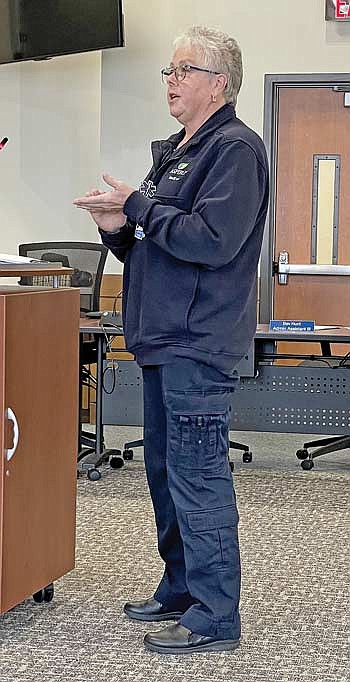 Signe Baake addresses members of the Vilas County board and the board’s law enforcement and emergency management committee during the committee’s Oct. 18 meeting in Eagle River regarding the possibility of establishing a county-wide ambulance service. (Photo by Brian Jopek/Lakeland Times)