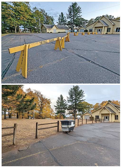 The two photos are “before” and “after” shots; the upper photo shows The Attic (left) on Sunday, Oct. 8, a little more than week before it was demolished. The bottom photo shows the newly seeded area where The Attic and most of the church’s parking lot once were, was taken on Saturday, Oct. 21. (Photo by Dean Hall/Lakeland Times)