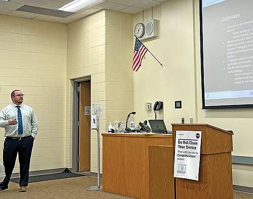 District business manager Eddie Then Jr. gives a presentation during the district’s annual meeting and budget hearing at LUHS on Monday, Oct. 23, in Minocqua. (Photo by Trevor Greene/Lakeland Times)