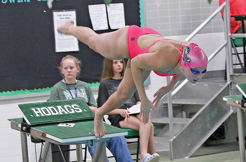 In this Sept. 28, 2023 file photo, Rhinelander’s Abi Winnicki leaves the starting block during a GNC girls’ swimming dual meet against Mosinee at the Heck Family Community Pool. Winnicki, who won four events in conference-record fashion at the GNC meet Friday, Oct. 20, was voted the conference’s swimmer of the year during a coaches meeting on Monday. (Bob Mainhardt for the River News)