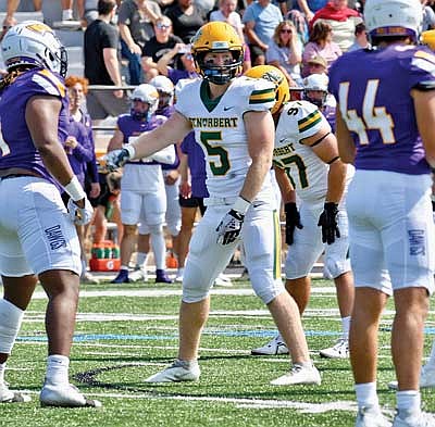 River Nicklaus points out a tight end in a game against UW-Stevens Point Saturday, Sept. 9 at Community Stadium at Goerke Park in Stevens Point. (Contributed photograph)