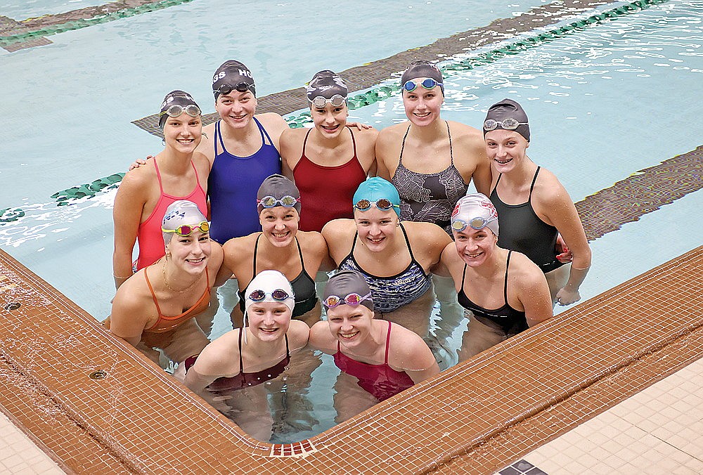 The members of the Rhinelander High School girls’ swim team who will participate in WIAA Division 2 sectionals pose for a photograph during practice Tuesday, Oct. 31 at the Heck Family Community Pool. Pictured in the front row, from left to right, are Lily Thorsen and Millie Gruett. In the second row are Karis Francis, June Chiamulera, Emma Houg and Vivian Lamers. In the back row are Ella Heck, Ellyse Younker, Celia Francis, Abi Winnicki and Kiley Pooch. Sectionals will take place Saturday in Merrill. (Bob Mainhardt for the River News)