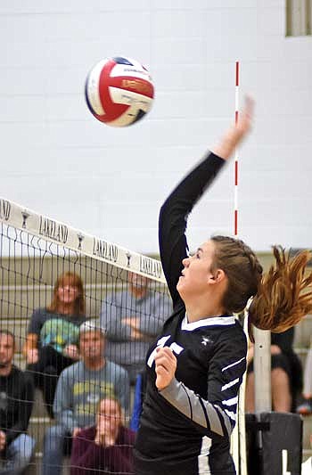In this October 5, 2023 file photo, Ava Evenhouse powers down a kill in the first set against Three Lakes at the Lakeland Union High School fieldhouse in Minocqua. Evenhouse ranked fifth in attack percentage in the GNC, finishing with a percentage of 0.200. (Photo by Brett LaBore/Lakeland Times)