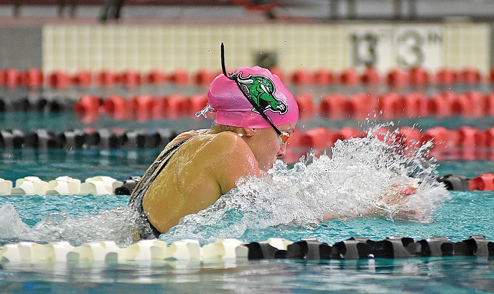 Rhinelander’s Karis Francis swims the breaststroke leg of the 200-yard medley relay during the WIAA Division 2 state championship in Waukesha Friday, Nov. 10. (Brett LaBore/Lakeland Times)
