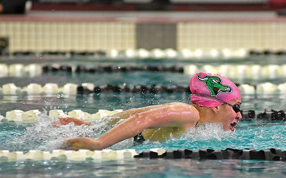 Rhinelander’s Ellyse Younker swims the butterfly leg of the 200-yard medley relay during the WIAA Division 2 state championship in Waukesha Friday, Nov. 10. (Brett LaBore/Lakeland Times)
