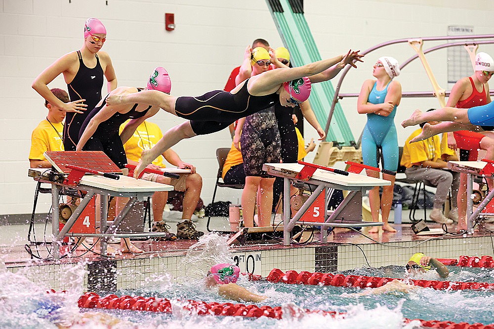 Rhinelander’s Lily Thorsen leaves the starting block during an exchange in the 200-yard freestyle relay during the WIAA Division 2 state championship in Waukesha Friday, Nov. 10. (Bob Mainhardt for the River News)