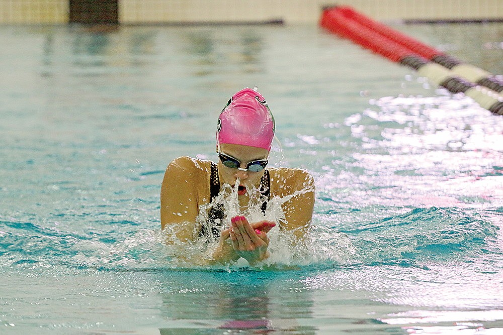 Rhinelander’s Celia Francis swims the breaststroke leg of the 200-yard individual medley during the WIAA Division 2 state championship in Waukesha Friday, Nov. 10. Francis won the race by 0.03 seconds over Zoey Rank of Jefferson/Cambridge. (Jeremy Mayo/River News)