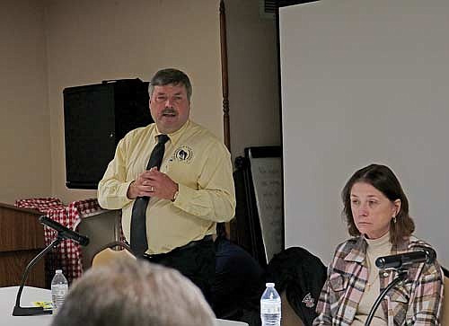 State Rep. Rob Swearingen speaks to a group of concerned citizens during a listening session Monday, Nov. 13, 2023 at the Rhinelander District Library. (Photo by Beckie Gaskill/Lakeland Times)
