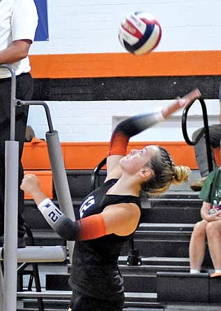 In this Sept. 5, 2023 file photo, Rylinn Rossi attacks the ball in a game against Solon Springs at John “JP” Pierpont Court in Mercer. Rossi was named second team all-conference after the season. (Photo by Brett LaBore/Lakeland Times)
