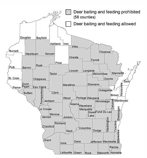 Feeding and baiting of deer is now prohibited in 58 counties. With a recent finding of a CWD-positive buck at and Oneida County game farm, the feeding and baiting ban would be reset for another three years in Oneida county. Source: DNR. (Contributed IMAGE)