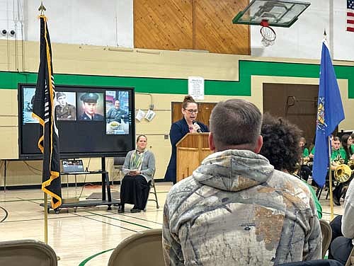 Rhinelander High School associate principal Kari Strebig was the guest speaker at the annual James Williams Middle School Veterans Day program Friday morning, Nov. 10, 2023. (Photo by Heather Schaefer/River News)