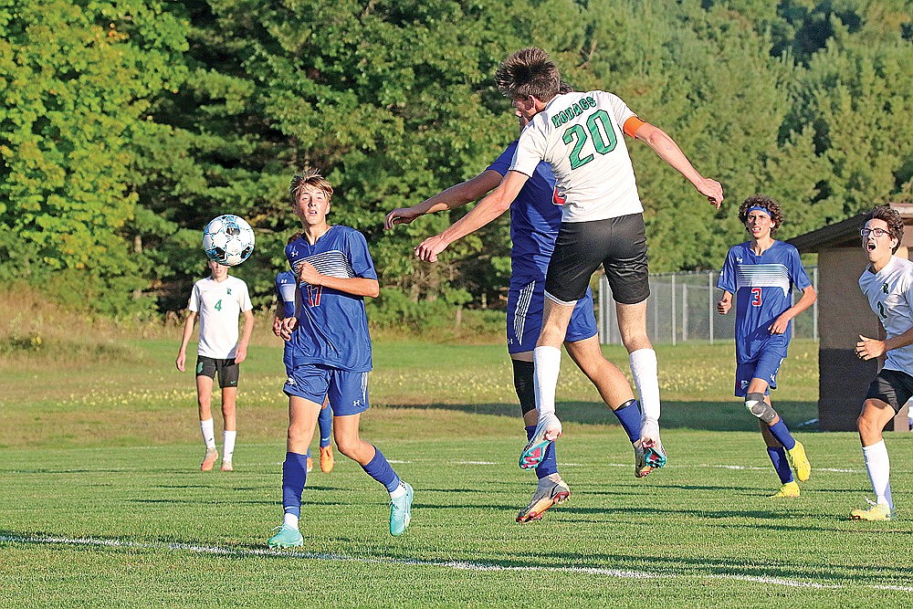 In this Aug. 31, 2023 full photo, Rhinelander’s Hart Hokens clears the ball away from Antigo’s Braydon Geiger during the second half of a GNC boys’ soccer game at Antigo. Hokens, who was a second-team All-GNC selection this season, was part of a defensive unit that allowed the second-fewest goals in the conference. (Jeremy Mayo/River News)