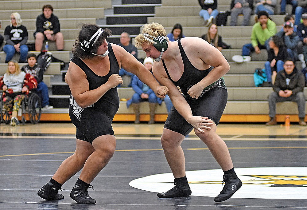 In this Jan. 12, 2023 file photo, Rhinelander’s Owen Kurtz hand fights Lakeland’s Esuabe Brown in a 285-pound bout during a GNC quadrangular in Minocqua. Kurtz, a senior, has won back-to-back individual GNC titles for the Hodags. (Brett LaBore/Lakeland Times)